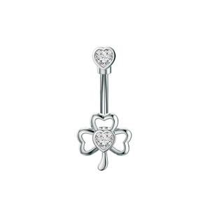 Detailed view of silver heart clover belly ring with cubic zirconia stones