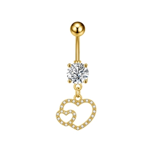 Macro shot of gold belly button ring featuring a brilliant zircon and double heart pendant