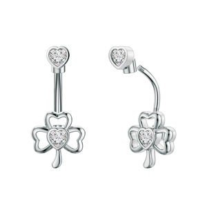 Macro detail of heart-shaped clover belly ring showing screw thread and zirconia setting