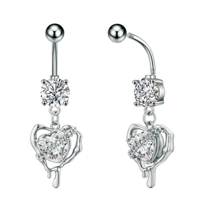 Detailed view of silver lava heart belly button ring with sparkling zircon and delicate chains