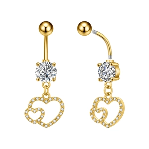 Detailed macro view of gold plated heart belly rings with zircon stones and threaded bar