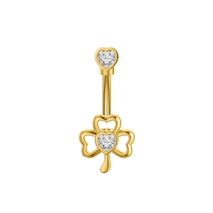 Macro detail of a golden clover belly button ring with two heart-shaped cubic zirconia gems