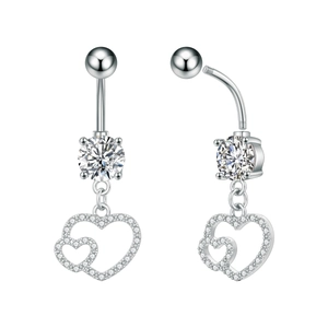 Macro detail of silver stainless steel heart belly ring with zircon and screw thread