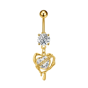 Detail of gold butterfly belly ring with sparkling zircon heart lava fluid pendant