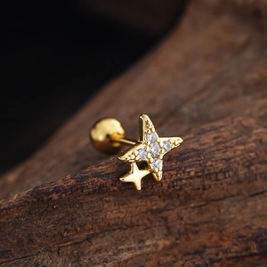 Macro shot of double star gold stud earrings with cubic zirconia and screw ball back