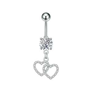 Detail of silver stainless steel belly ring featuring a large zircon and micro-set double heart pendant