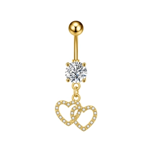 Detailed view of golden belly button ring with interlocking micro-pave zircon hearts