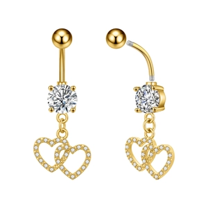 Macro detail of gold belly rings featuring double interlocking zircon-studded hearts