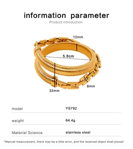 Detailed size parameters of golden stainless steel spiral bangle with H-shaped link design