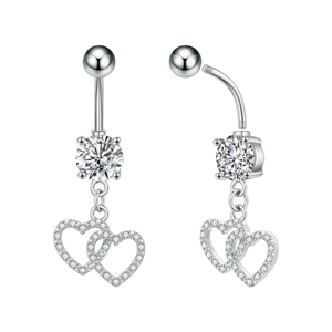 Detail of silver belly button ring featuring intertwined pavé zirconia double hearts