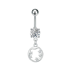 Detailed view of silver heart-shaped navel ring with cubic zirconia stars and moon decor