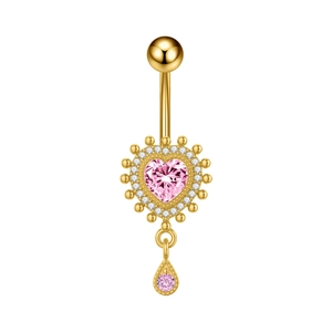 Piercing de ombligo dorado con circonita de corazón rosa y colgante de cristal brillante