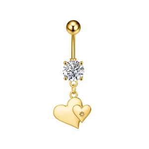 Vista detallada del piercing de ombligo en acero inoxidable dorado con corazones y circón