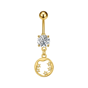 Detailed close-up of golden stainless steel belly ring with zircon and star pendant