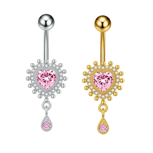 Piercing de ombligo con corazón rosa en plata y oro con gota de circonita rosa