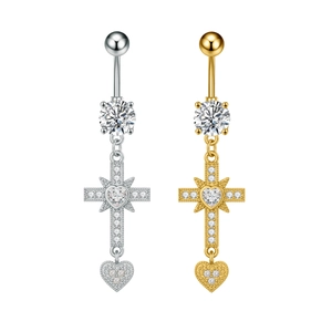 Macro di piercing all'ombelico in argento e oro con croce e zircone a forma di cuore