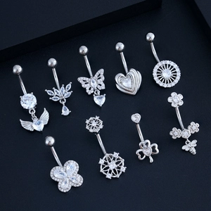 Nine-piece silver navel ring set with heart butterfly bee shapes and cubic zirconia