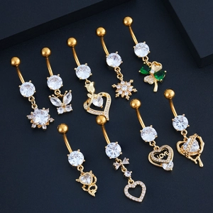 Golden belly button rings with sparkly zircon butterfly and heart pendants in nine styles