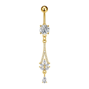 Dettaglio del piercing all'ombelico dorato con fiori in zircone e pendente a goccia