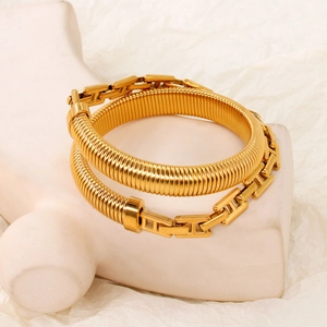 Stainless Steel H-Link Spiral Snake Bone Bangle For Women 18K Gold Plated Industrial Designer Style Fashion Bracelet Jewelry