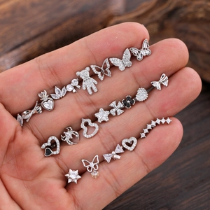 Variety set of minimalist stainless steel stud earrings with shimmering zircon stones