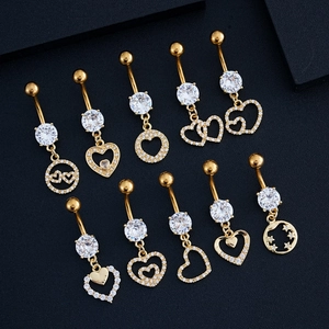10pcs set of gold stainless steel belly rings with heart and star zircon pendants