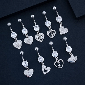 Set de 9 piercings para ombligo de acero inoxidable con diseños de corazón y circonita