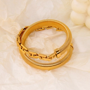 Minimalist gold titanium steel stretch bracelet with Tubogas design and H-link patterns