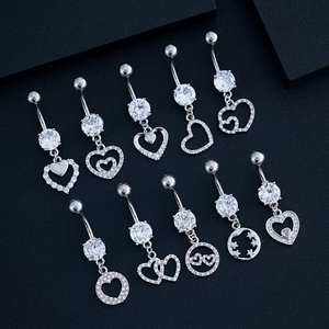 Set of 10 stainless steel belly rings with heart pendants and sparkling zircon stones