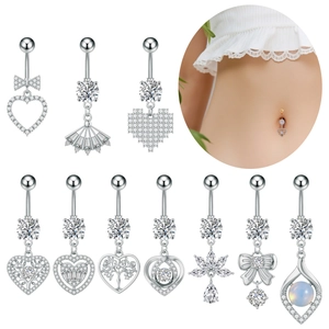 Conjunto de piercings de ombligo en acero inoxidable con corazones de circón y árbol de vida