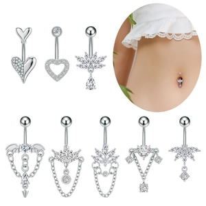Set de 8 piercings para ombligo de acero inoxidable con circonita de corazón y cadenas