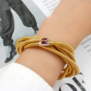Multi-layer 18K gold plated snake chain wrap bracelet with red zircon accents for women