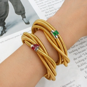 18K gold-plated flexible gaspipe wrap bracelet set with emerald and ruby zircon stones