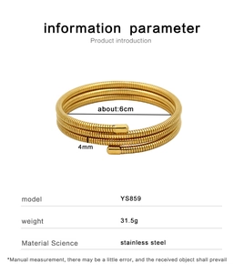 Macro view of 18K gold plated stainless steel spring bracelet with size specifications