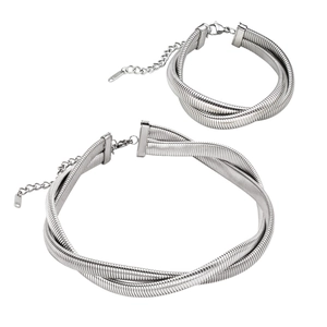 Detail of silver double-layered snake bone necklace and bracelet set with lobster clasp