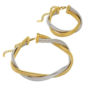 Detail of two-tone braided snake chain necklace and bracelet set with lobster clasp