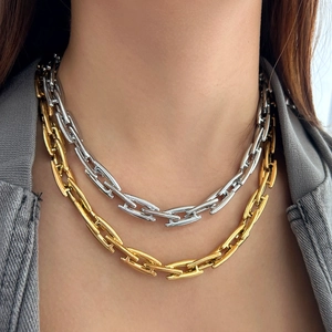 Chunky Chain Necklace And Bracelet 304 Stainless Steel 18K Gold Plated Modern Industrial Rectangular Link For Women Men