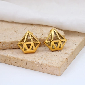 Detail view of 18K gold plated stainless steel stud earrings with 3D geometric design