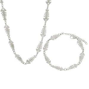 Macro view of fishbone chain jewelry set showing silver necklace and bracelet links