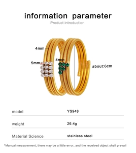 Detailed size parameters of 18K gold plated stainless steel spring bangles with zircons