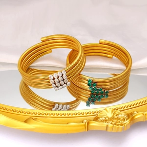 Geometric 18K gold plated spiral cuff bracelet set with zircon and emerald gemstones