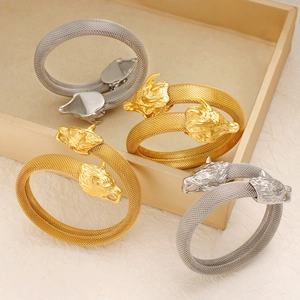 Brazalete de malla de acero inoxidable con doble cabeza de dragón en oro y plata