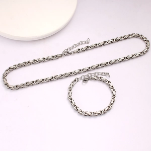 Silver Byzantine chain jewelry set showing heavy link necklace and matching bracelet