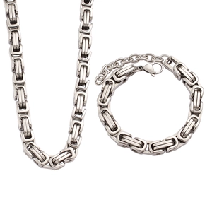 Close-up of silver Byzantine chain jewelry set with lobster clasp and extension