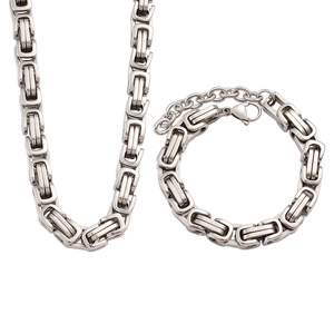 Detail view of silver Byzantine necklace and bracelet set with lobster clasp and chain links