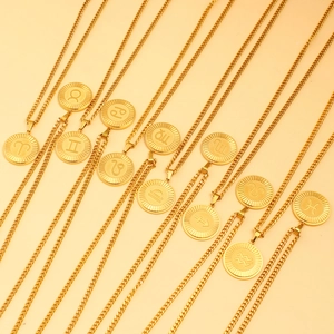 Vintage 18K gold plated zodiac sign pendant necklaces with round stainless steel charms