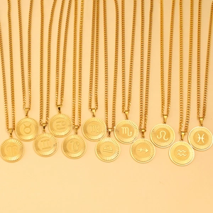 Detailed grid of twelve golden zodiac pendant necklaces with embossed celestial symbols
