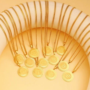 Stainless Steel 12 Zodiac Sign Pendant Necklace For Women Gold Plated Round Coin Constellation Choker Fashion Daily Jewelry Gift