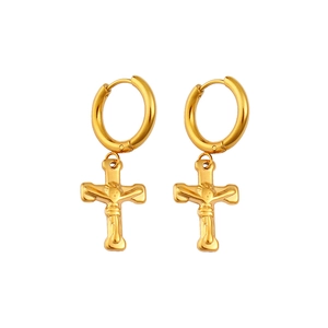 Pendientes de aro en acero de titanio chapado en oro 18K con colgante de cruz para mujer