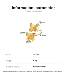Technical size chart for the gold double butterfly open ring in polished stainless steel